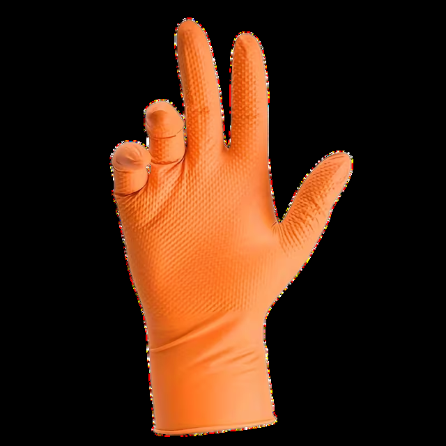 Orange diamond grip nitrile examination glove